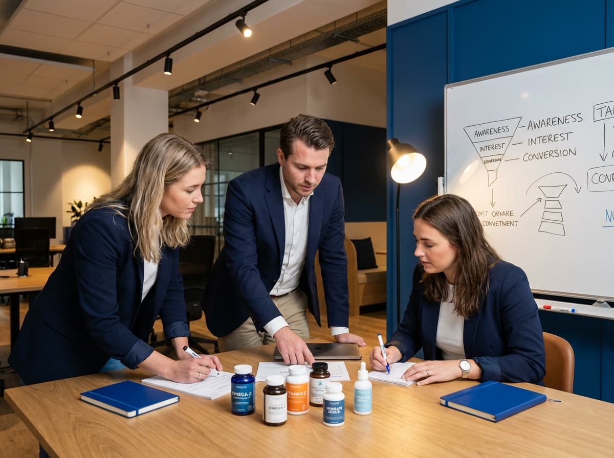 Focused team working on DTC growth strategy with product references