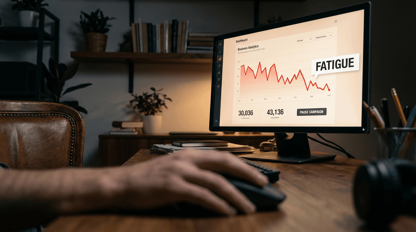 Creative fatigue visualization showing declining ad performance metrics