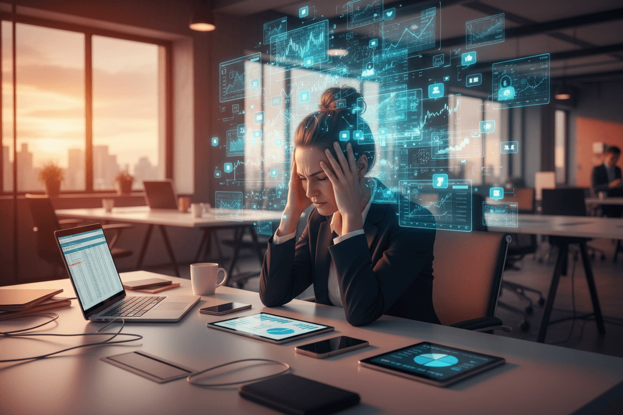 Business owner juggling multiple marketing tasks