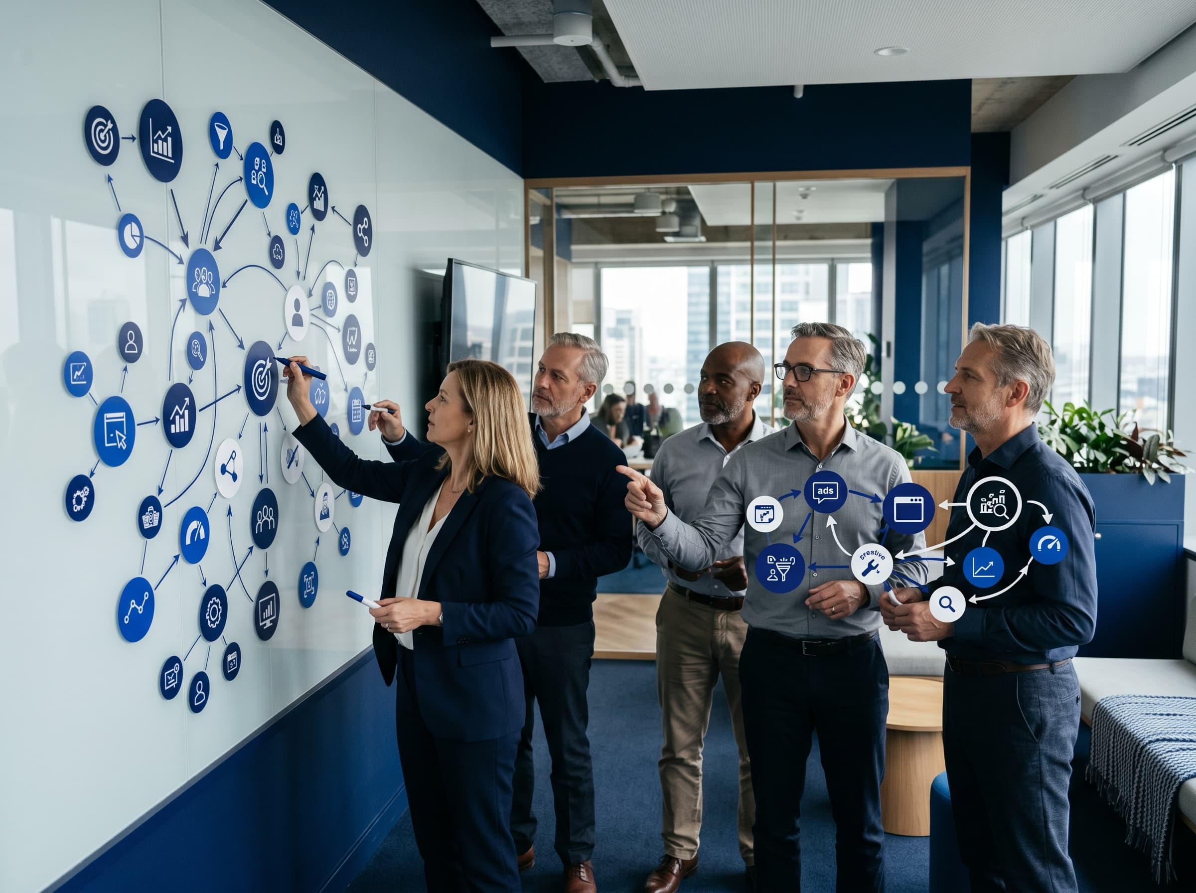 Senior team mapping one connected growth system across marketing channels