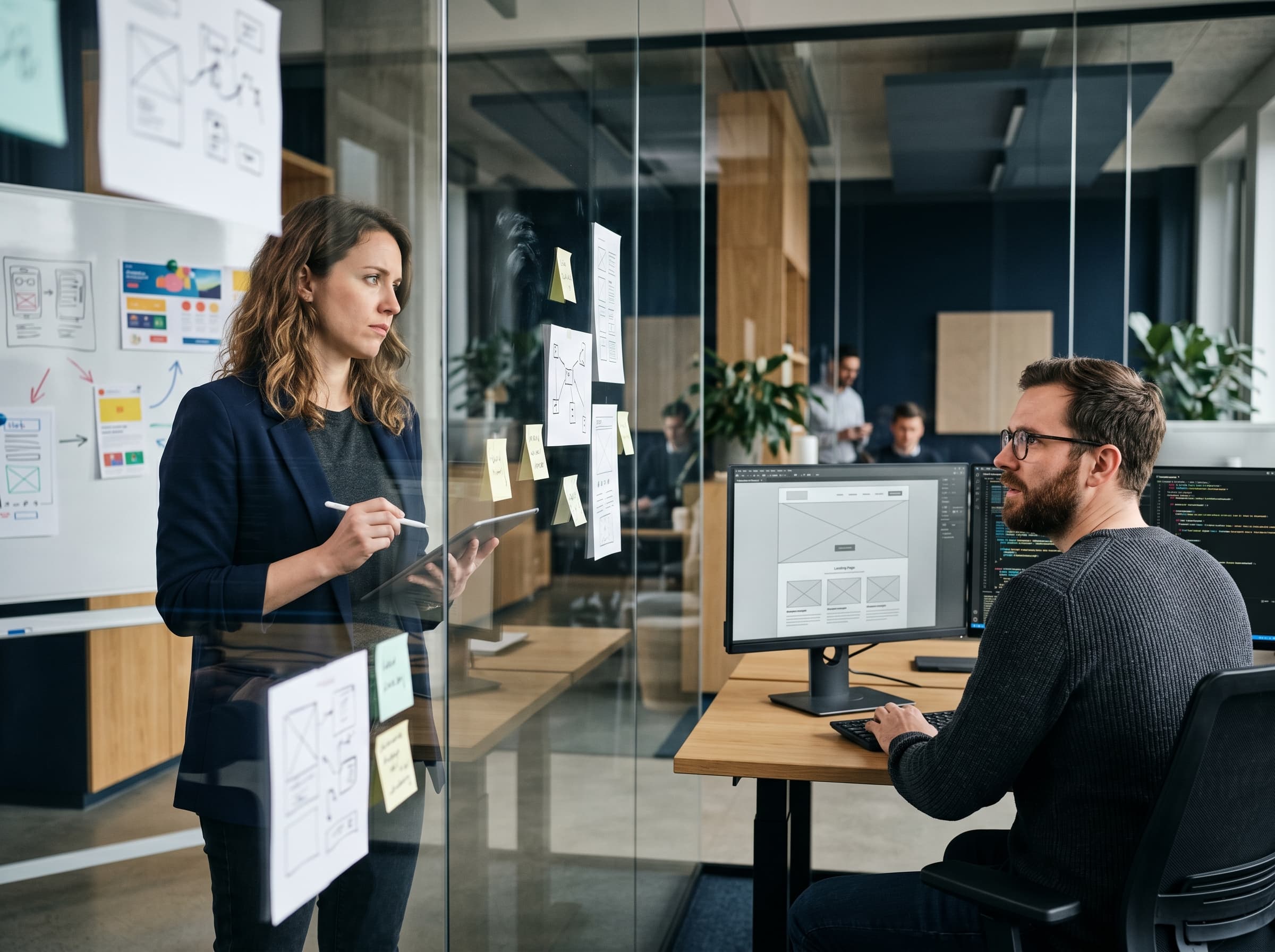 Marketer and developer separated by a glass wall while trying to align a campaign page