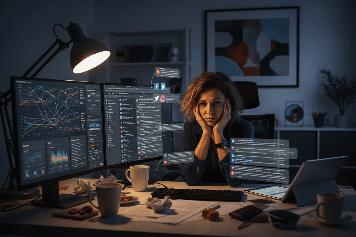 Exhausted business owner with marketing challenges