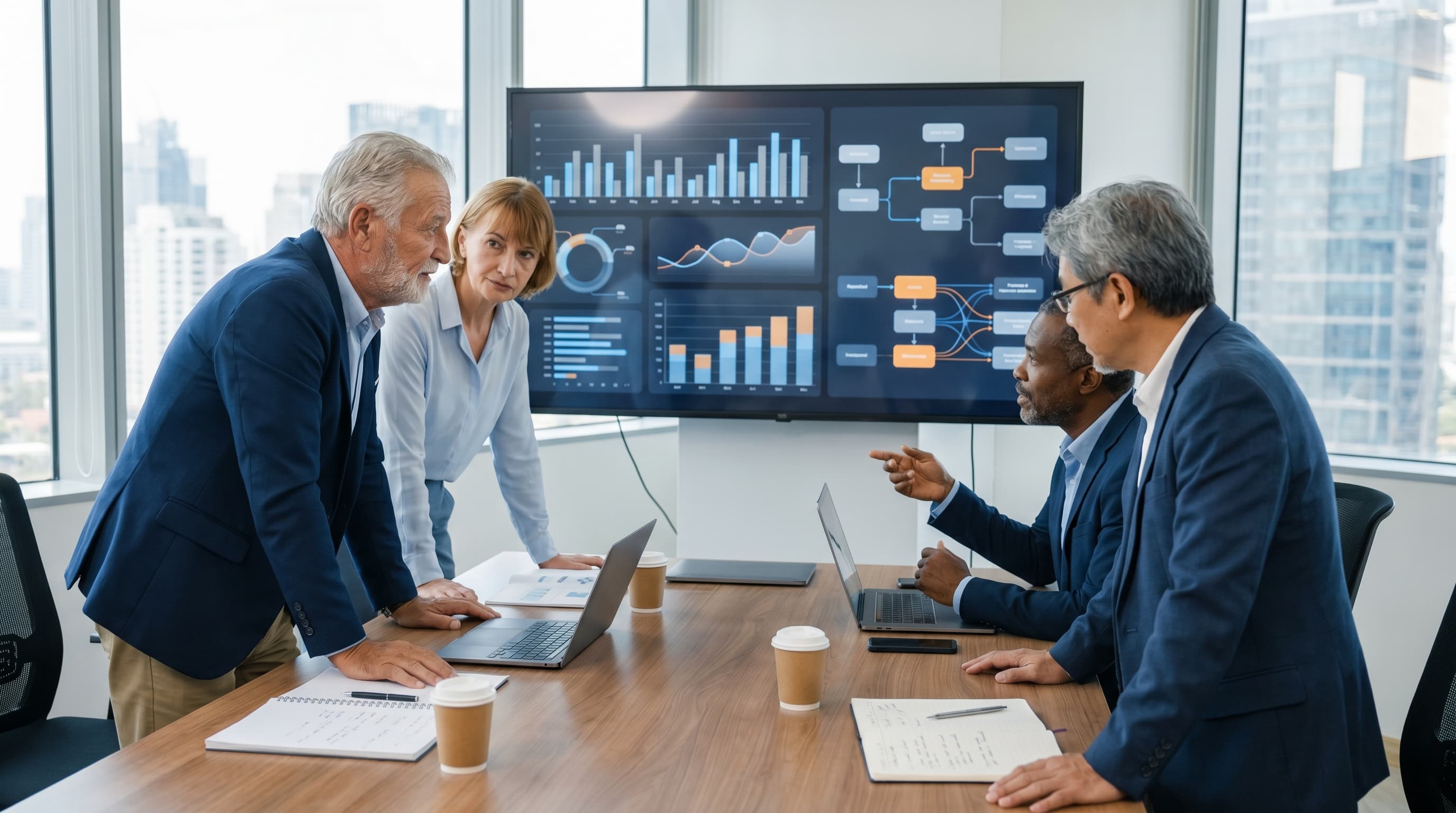 Senior growth team reviewing connected marketing performance with a business owner