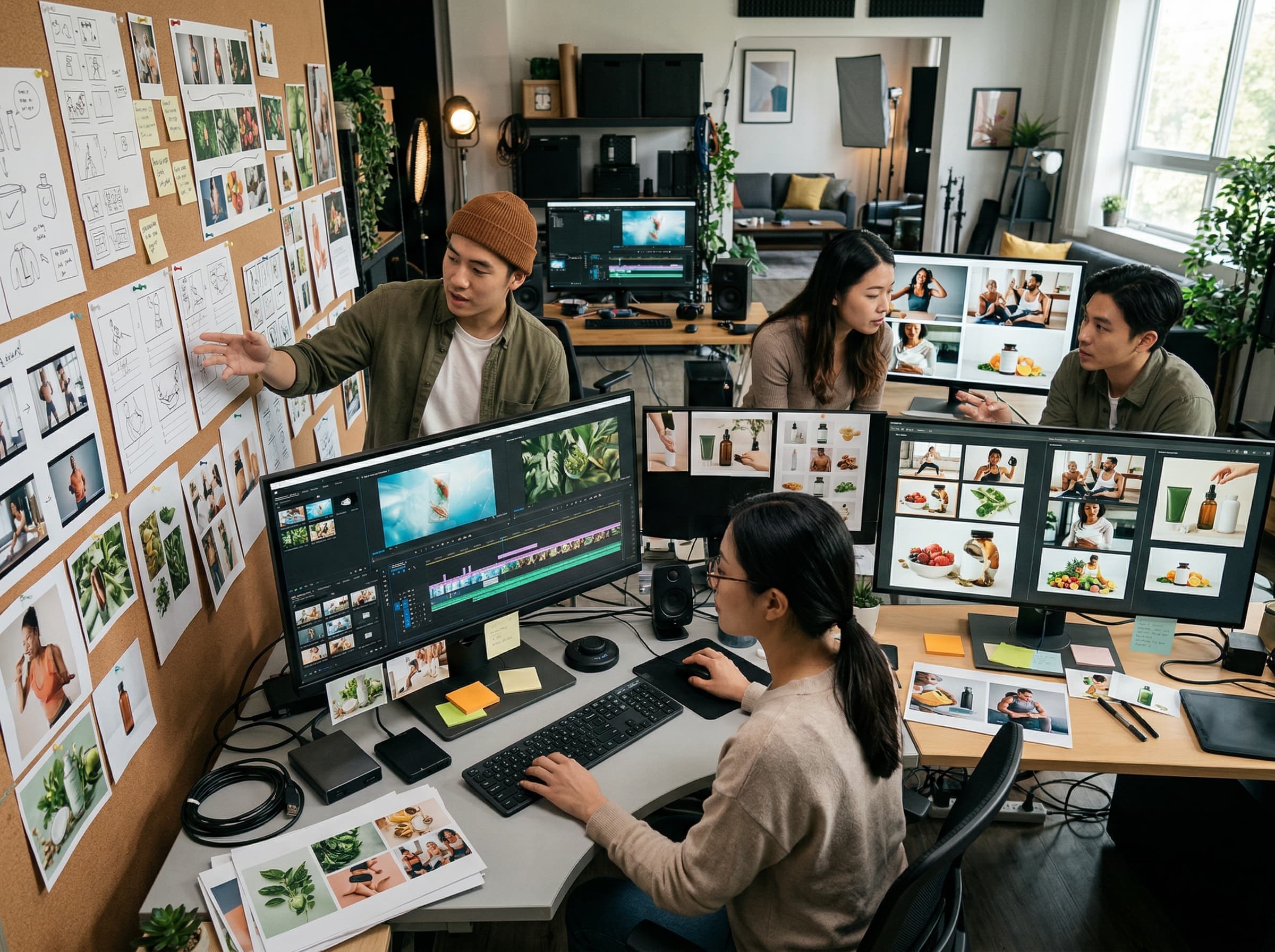 Asian creative team editing direct-response image and video ads for a health and wellness brand