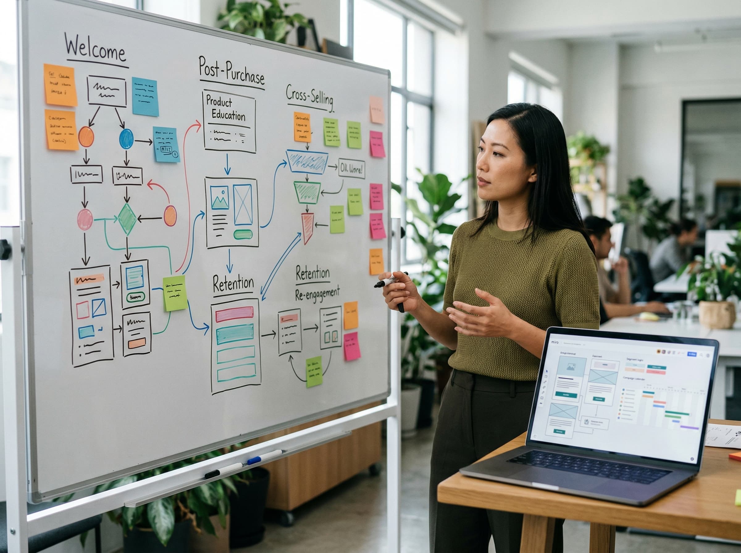 Asian lifecycle marketer mapping welcome, post-purchase, and retention email flows for a health and wellness brand