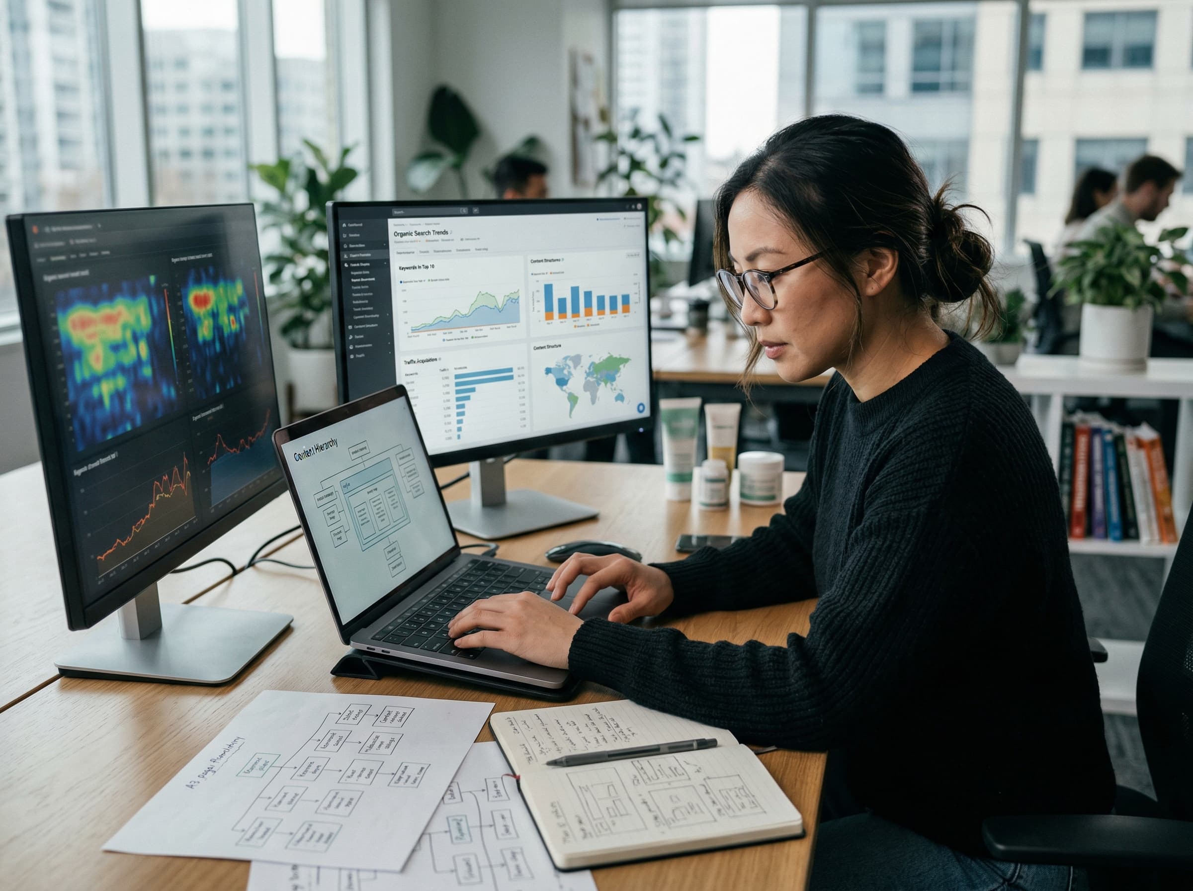 Asian SEO strategist reviewing organic search growth and content structure for a health and wellness brand