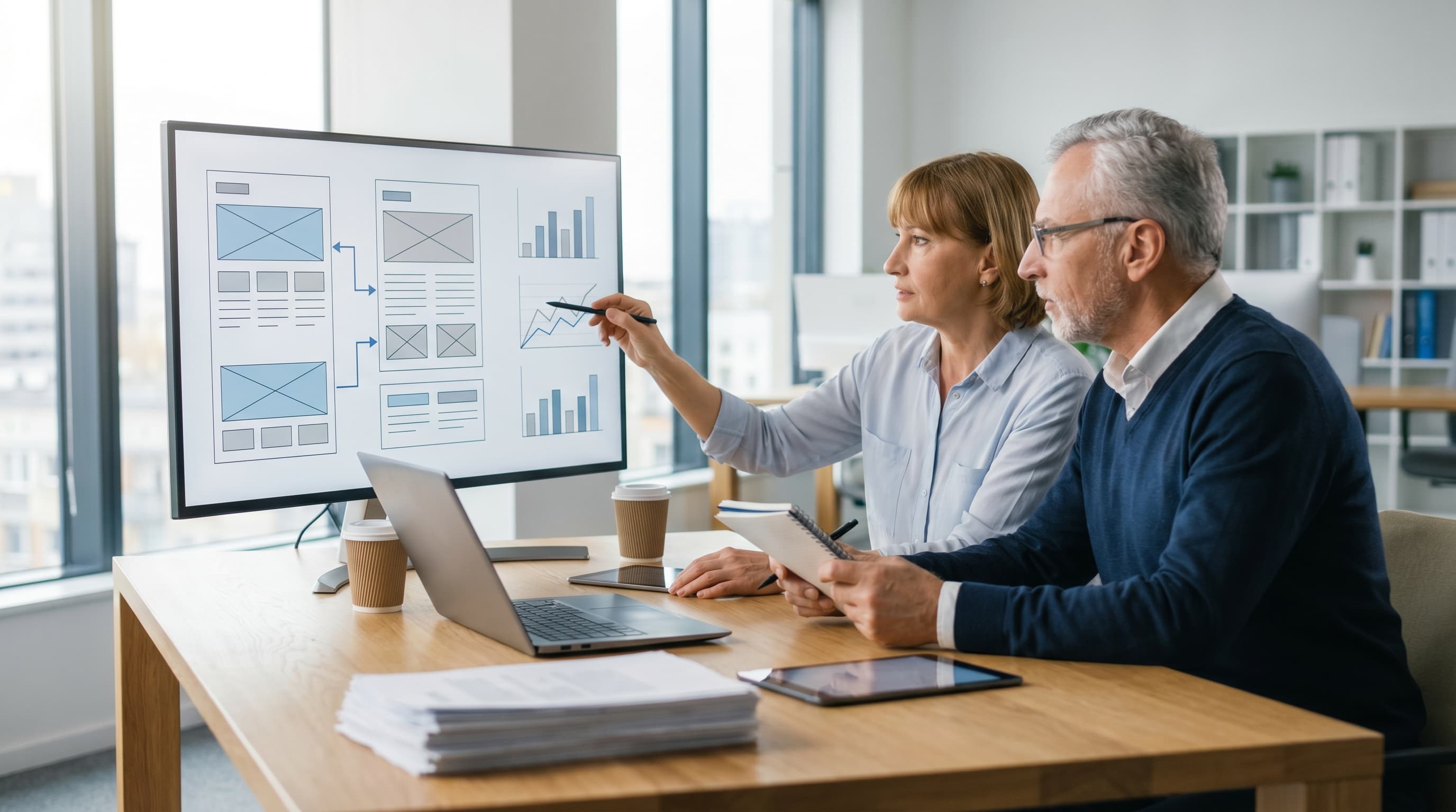 Senior technical marketer reviewing landing page structure and tracking with a business owner