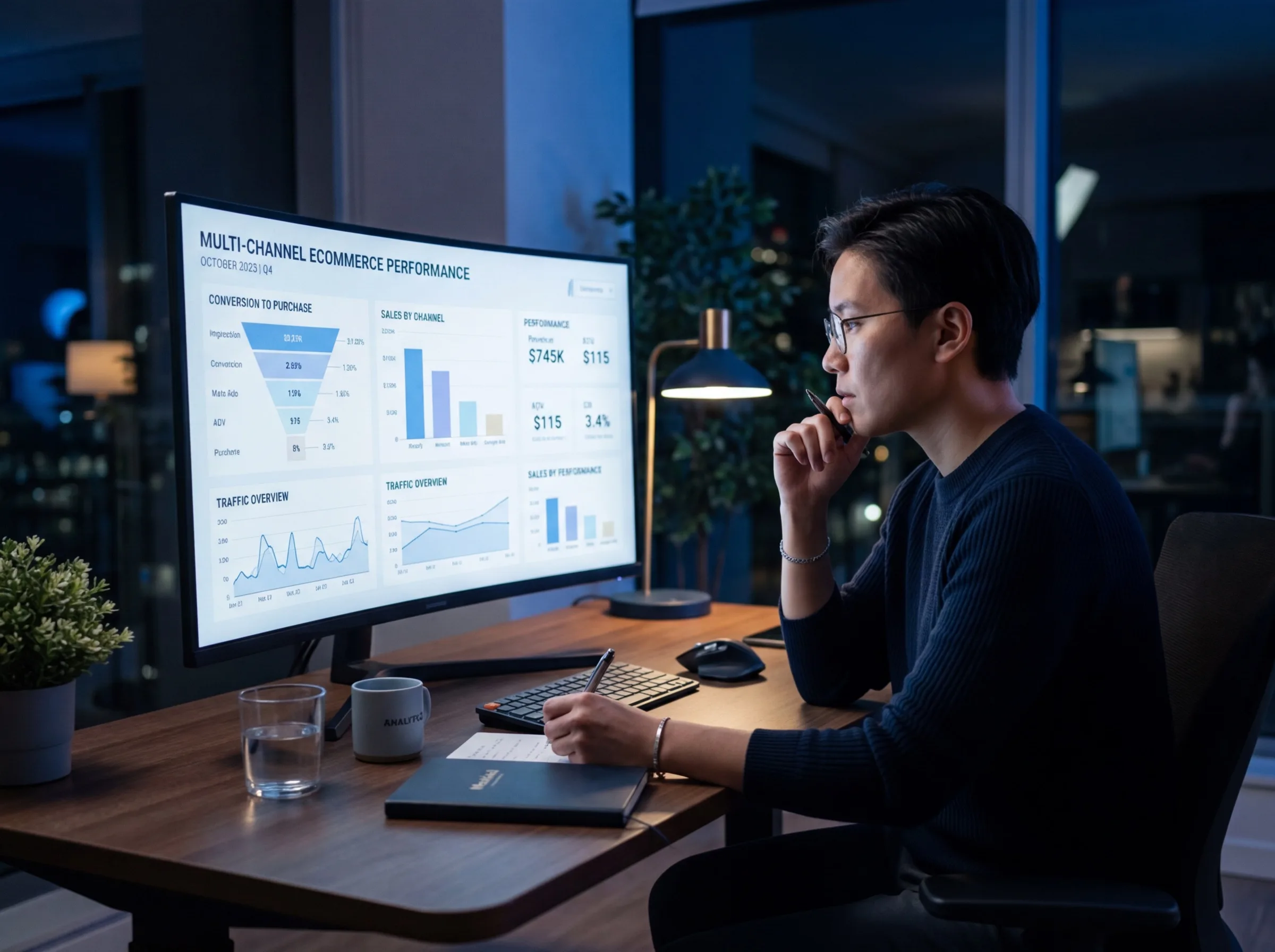 Analyst reviewing multi-channel ecommerce performance data