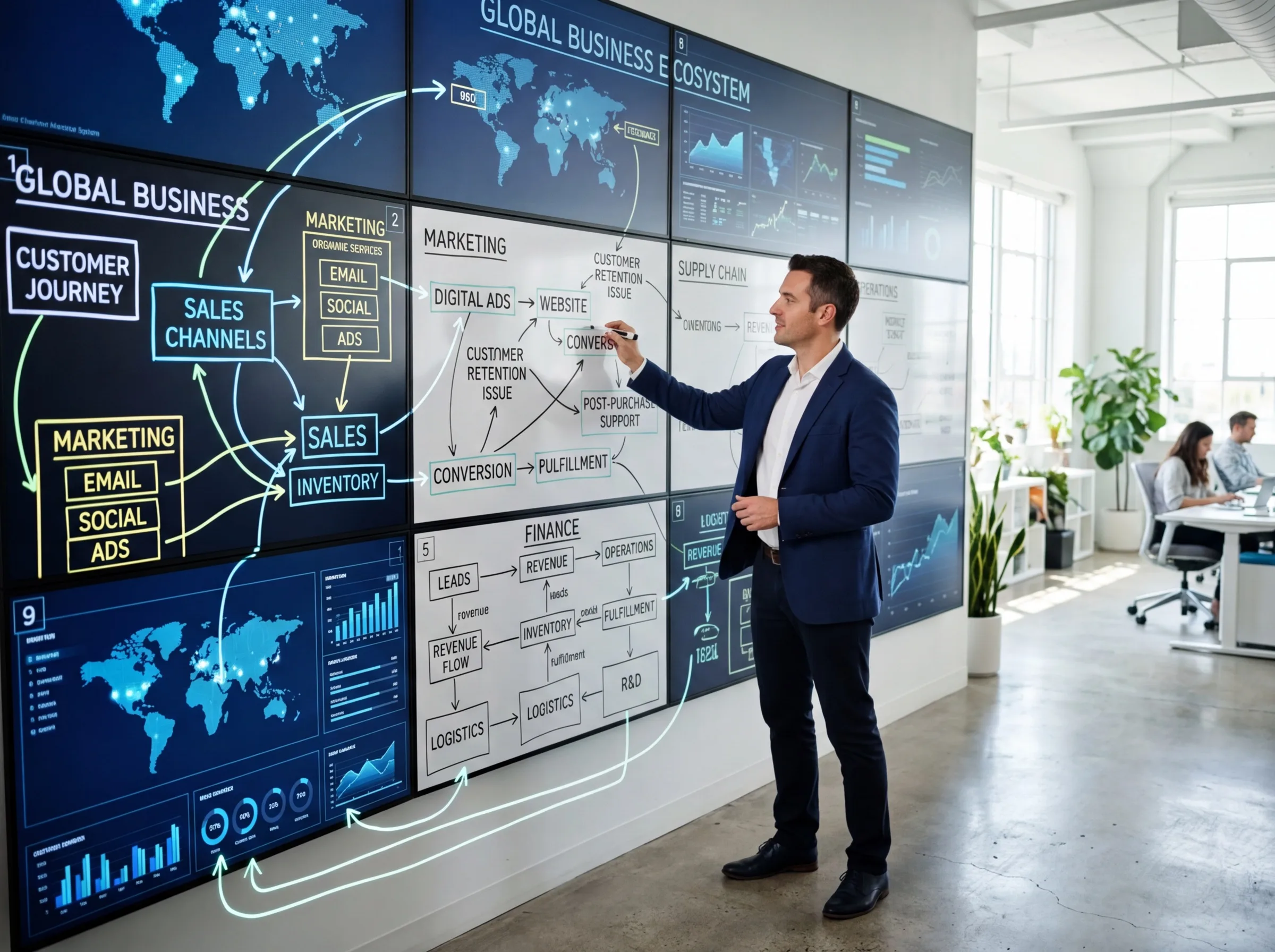 Consultant mapping a connected business system across all channels
