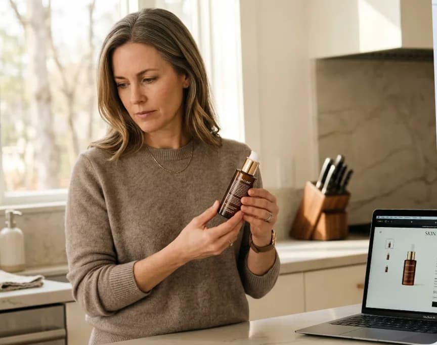 Health and wellness customer reviewing a premium skincare product