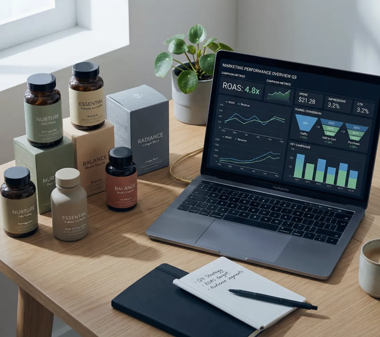Health and wellness supplement brand with marketing analytics dashboard
