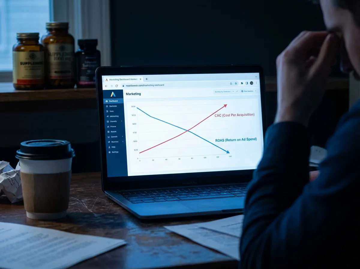 Rising CAC and declining ROAS on marketing dashboard
