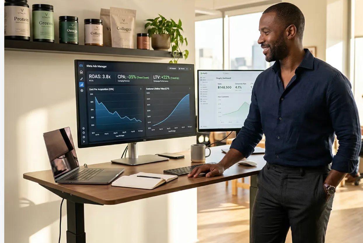 Health and wellness brand operator reviewing ROAS and analytics metrics