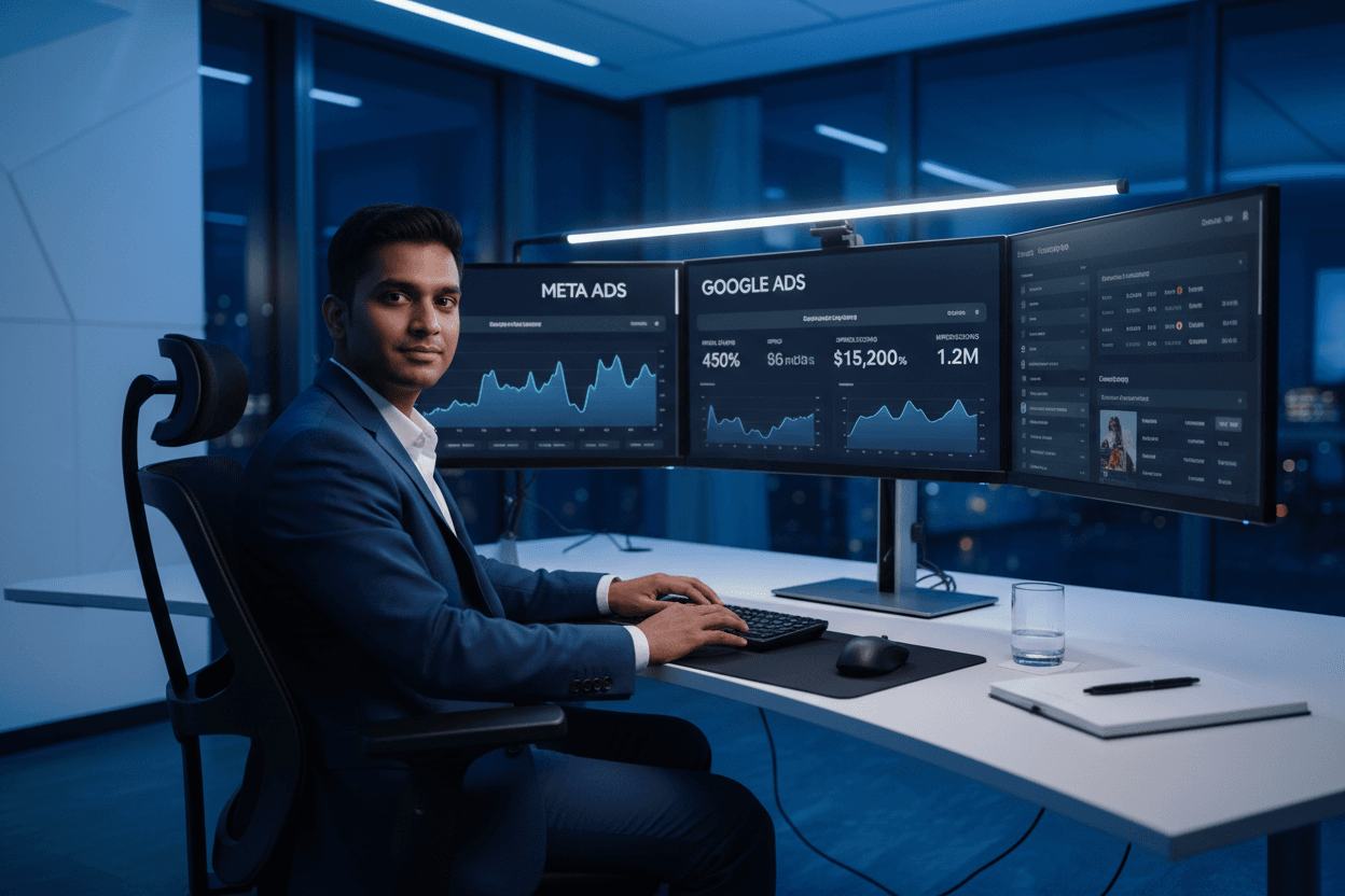 Professional marketer managing ad campaigns