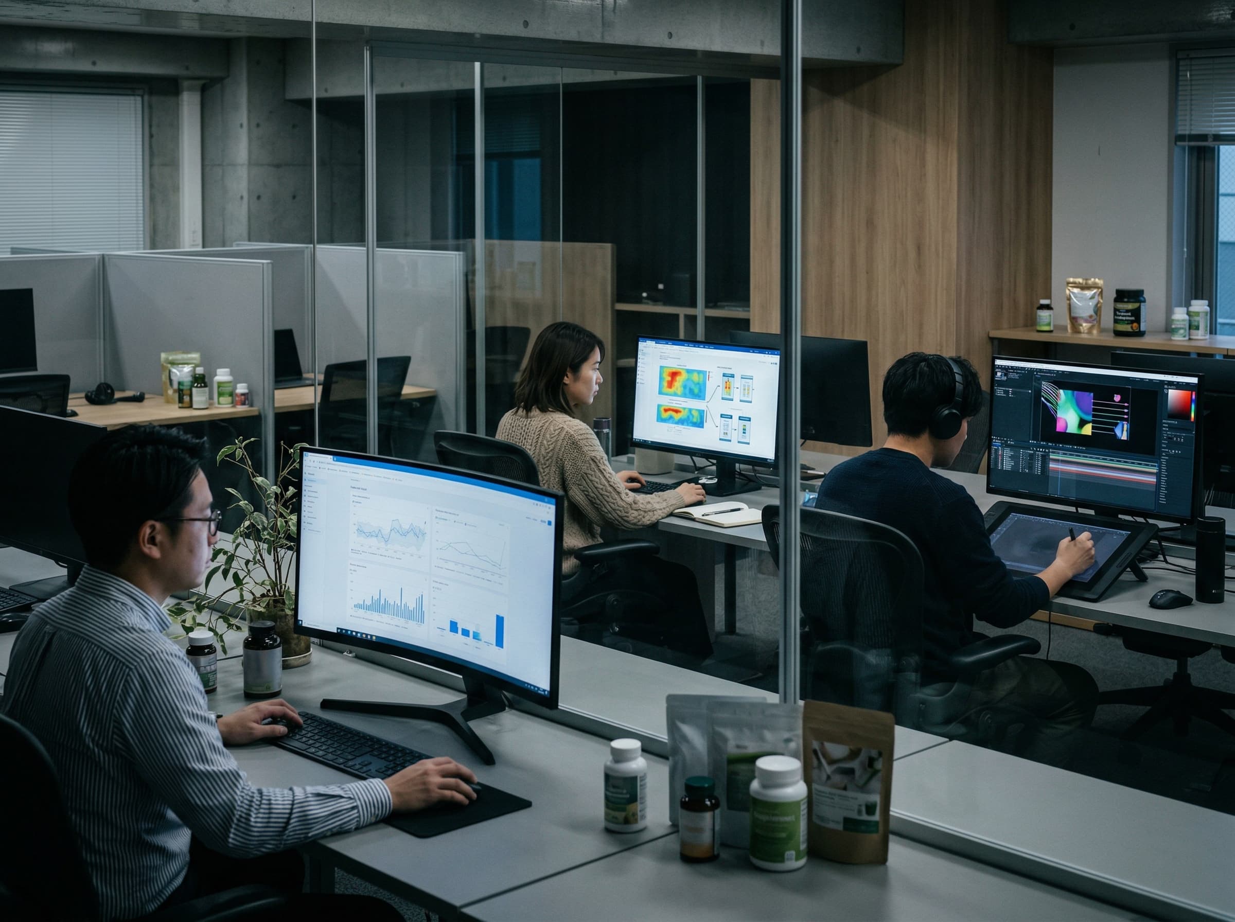 Mostly Asian specialist team working in separate silos across paid media, CRO, and creative