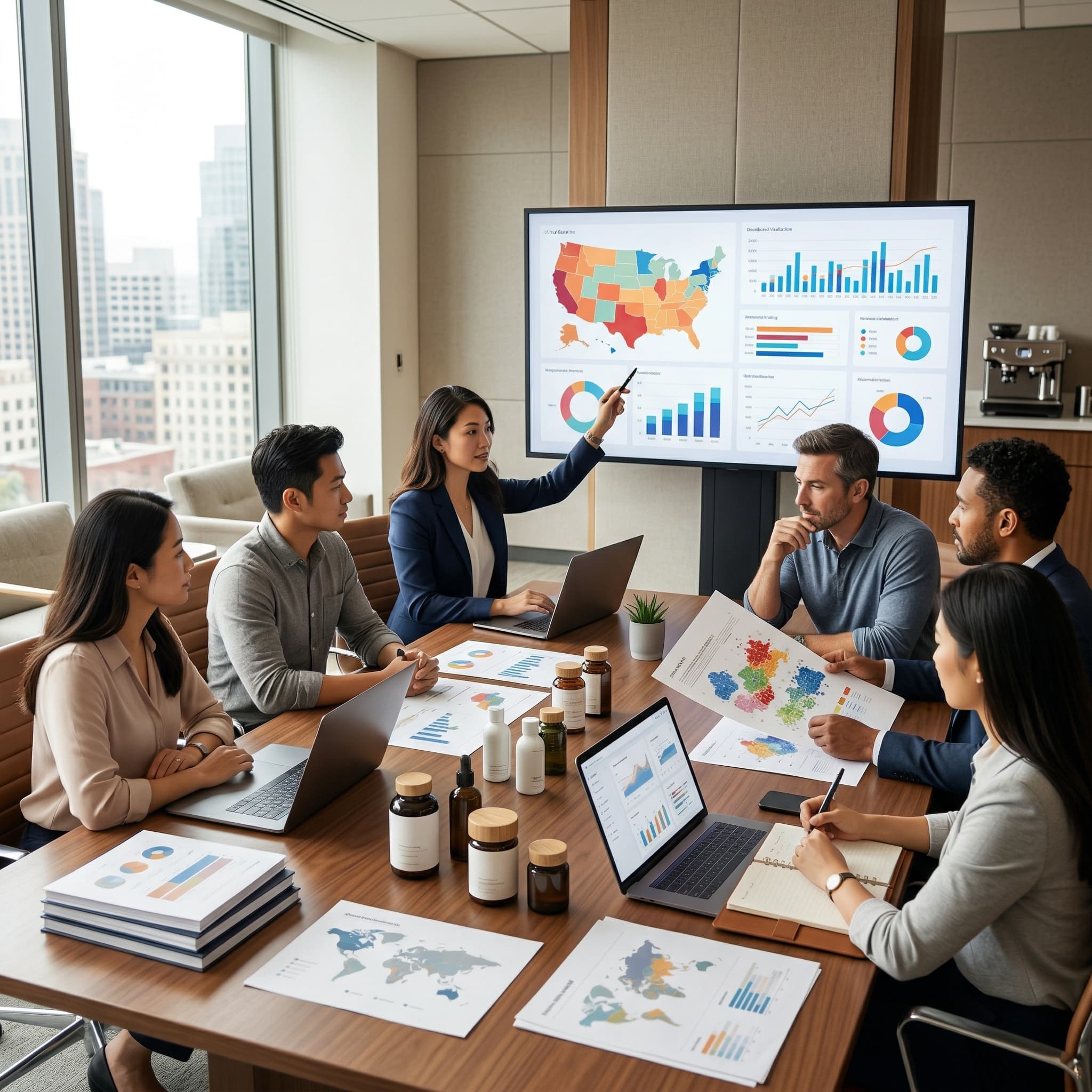 Mostly Asian strategy team reviewing US ecommerce dashboards and wellness product performance