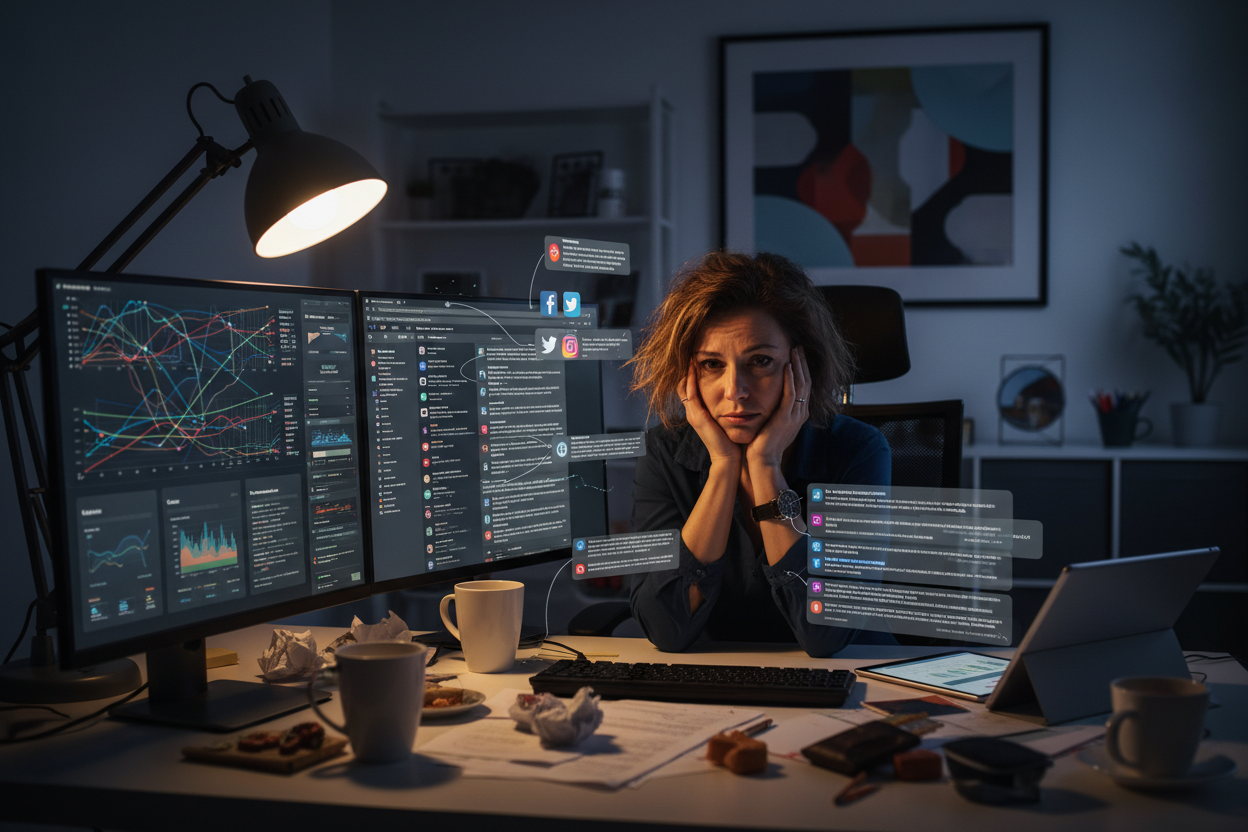 Exhausted business owner with marketing challenges